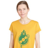 Spangeltangel Damenshirt „Weltscheibe“, ocker, T-Shirt, Siebdruck