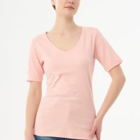 ORGANICATION Geripptes T-Shirt aus Bio-Baumwolle mit V-Ausschnitt