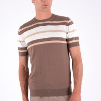 ORGANICATION Herren vegan T-Shirt With Stripes Fine Knit Deep Taupe, Beige & Off White