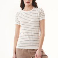 ORGANICATION Damen vegan T-Shirt Mit Streifen Feinstrick Beige & Off White