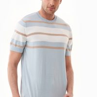ORGANICATION Herren vegan T-Shirt Mit Streifen Feinstrick Blauer Dunst, Beige & Off White