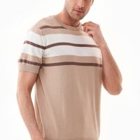ORGANICATION Herren vegan T-Shirt Mit Streifen Feinstrick Tief Taupe, Beige & Off White